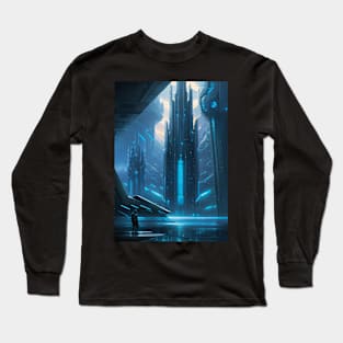 Future traveler gazing upon a destination building Long Sleeve T-Shirt